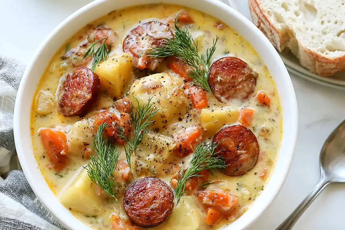 Polish Potato Soup with Kielbasa, Sour Cream, and Dill