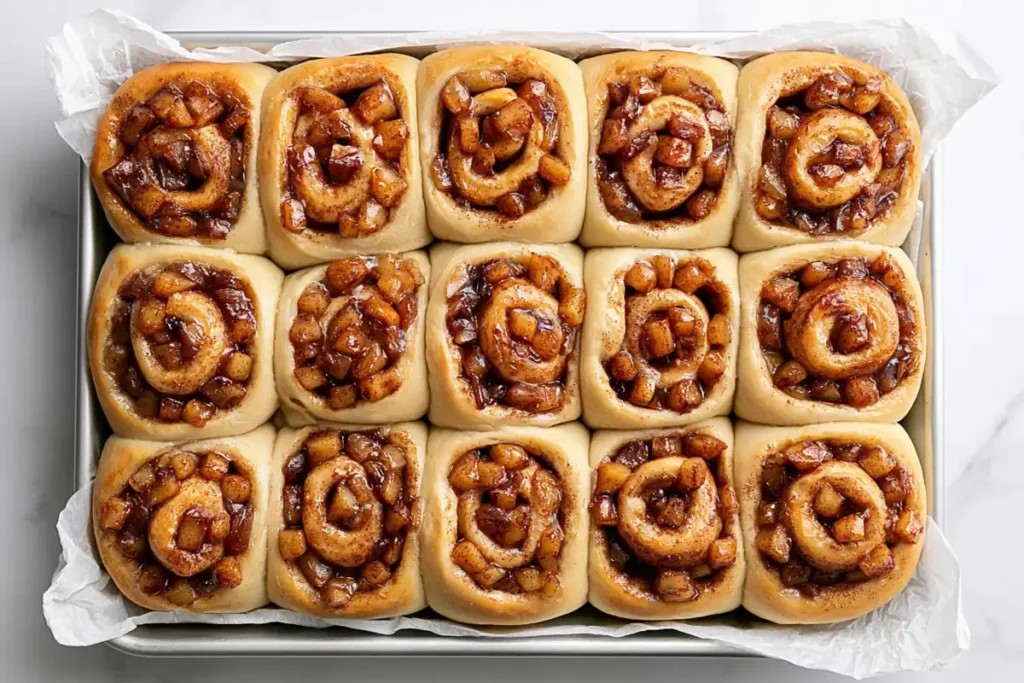 Baked Apple Cinnamon Rolls with puffed centers and lightly golden edges before frosting
