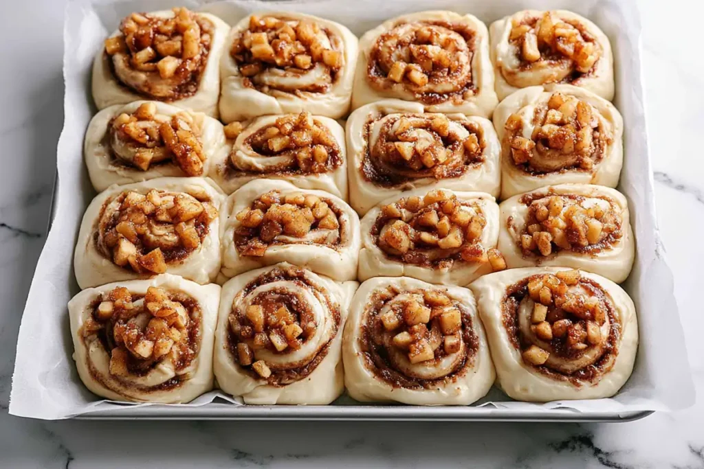 Unbaked Apple Cinnamon Rolls with apple filling arranged in a parchment-lined pan