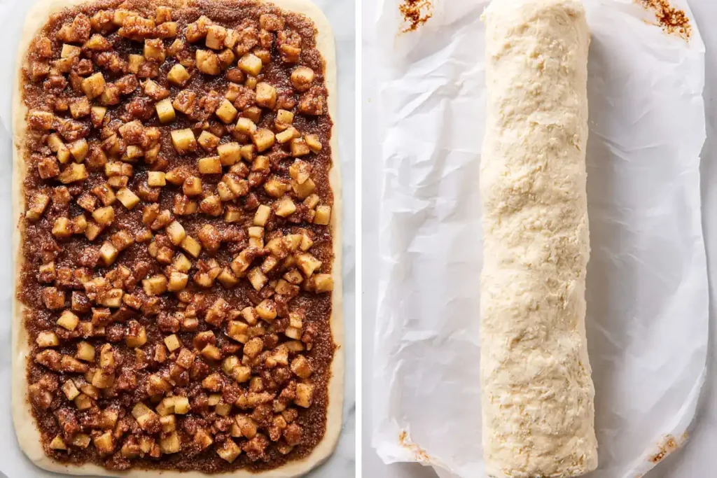 Apple Cinnamon Rolls dough spread with apple filling beside a rolled dough log