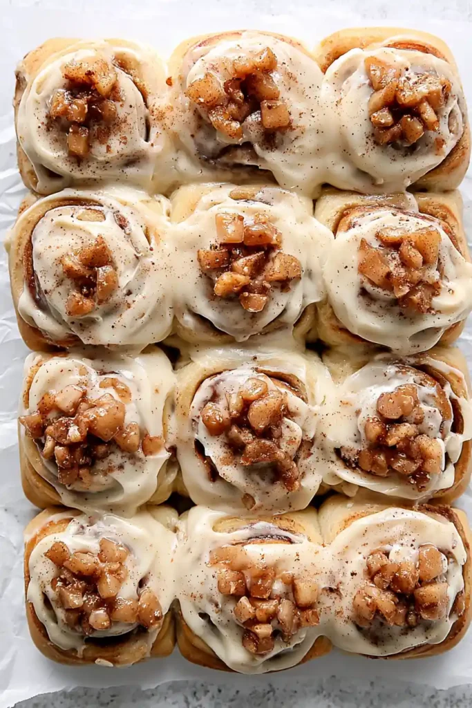 Apple Cinnamon Rolls topped with maple cinnamon cream cheese frosting and spiced apples