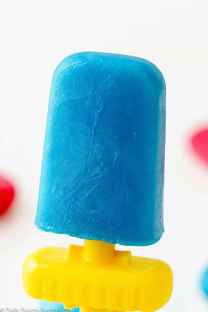 Easy Jell-O Popsicles That Hold Their Shape Longer 4 Close-up of a firm blue Jell-O Popsicle with a yellow mold handle