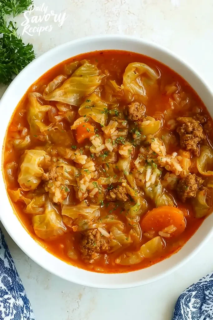 Cabbage Roll Soup: Hearty One-Pot Comfort Food 2 Cabbage Roll Soup with Ground Beef, Tender Cabbage, Carrots, White Rice, and Tomato Broth