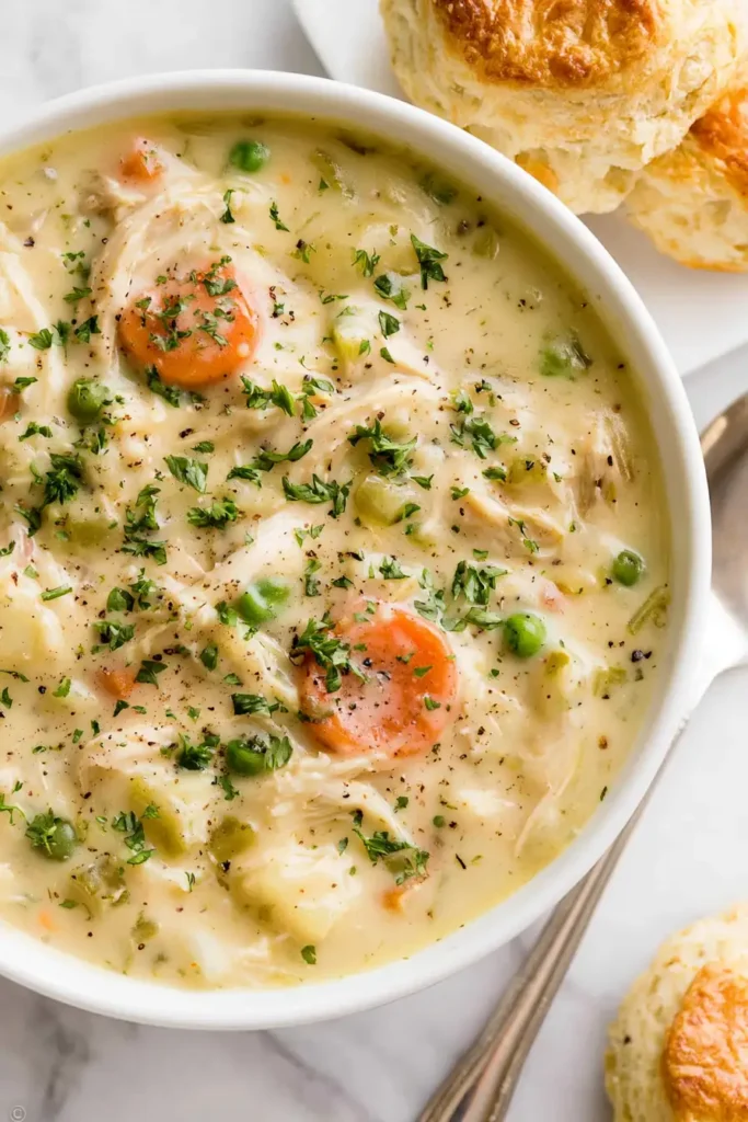Creamy Chicken Pot Pie Soup with tender chicken, vegetables, parsley, and golden biscuits
