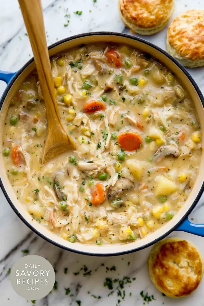 Chicken Pot Pie Soup cooked in a Dutch oven with shredded chicken, potatoes, carrots, peas, and corn