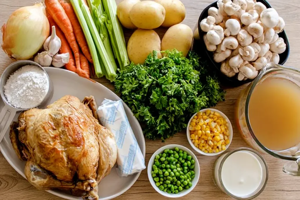 Chicken Pot Pie Soup ingredients arranged on a wooden counter with chicken, vegetables, stock, flour, and cream