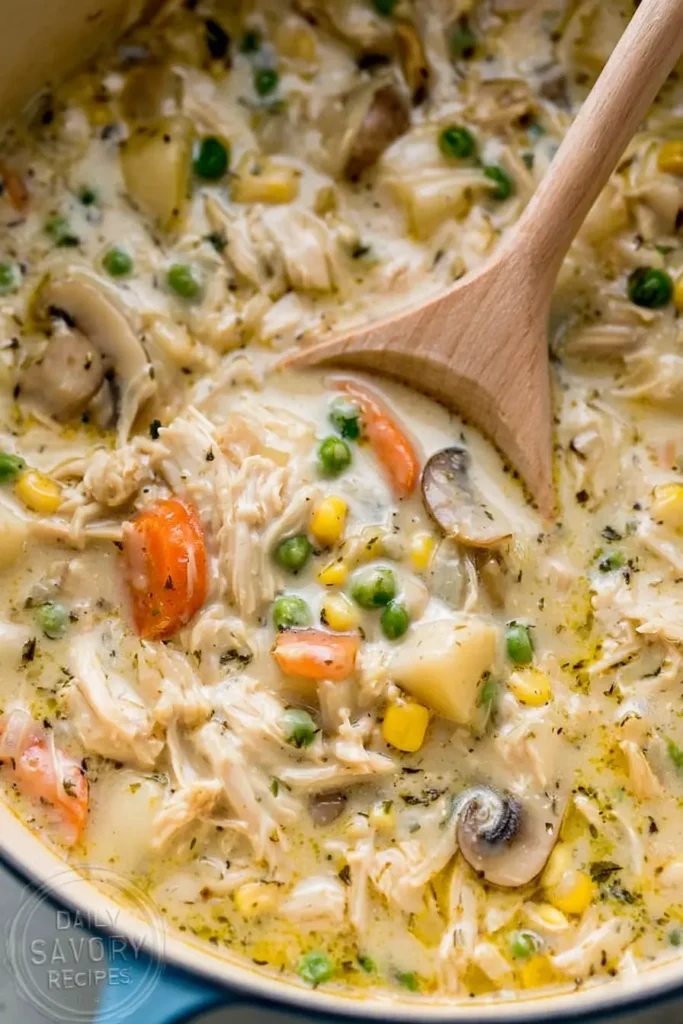 Reheated Chicken Pot Pie Soup with a thick creamy broth, tender chicken, potatoes, peas, and carrots
