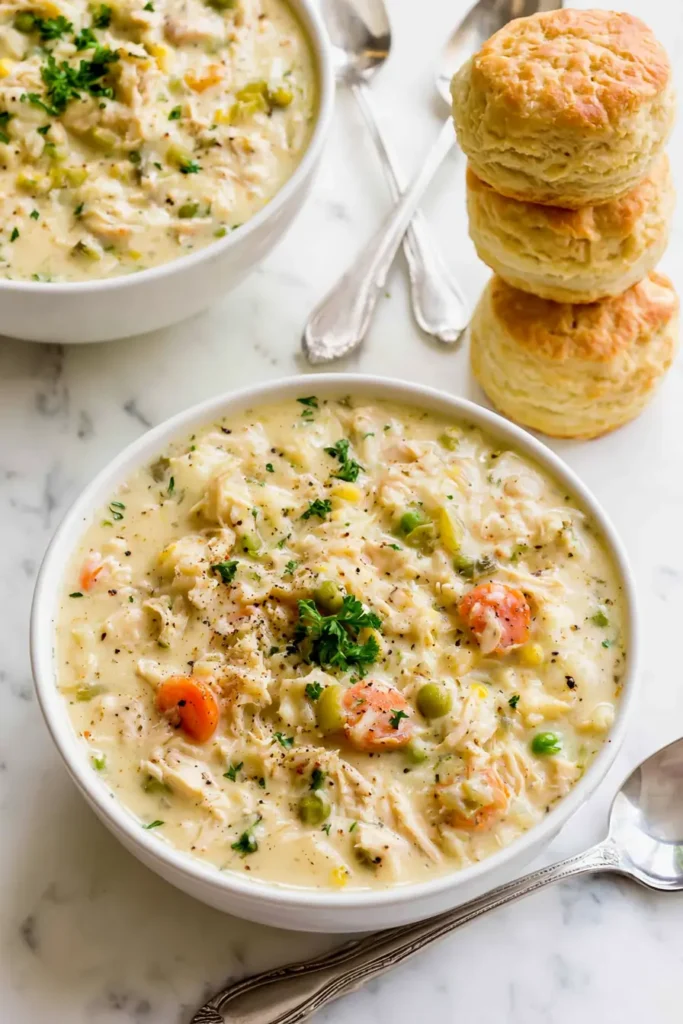 Two bowls of Chicken Pot Pie Soup served with warm flaky biscuits on a marble counter