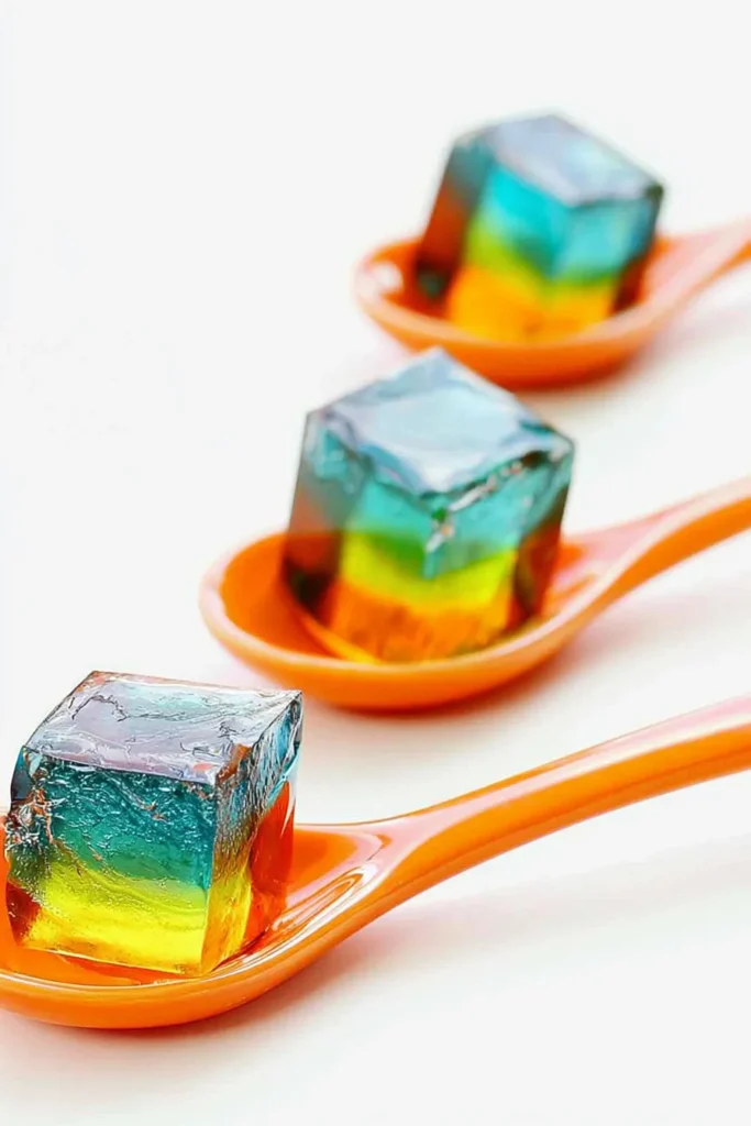 Jello Jigglers: A Firm, Colorful Finger Snack for Parties 7 Firm colorful Jello Jigglers arranged on serving spoons for a party