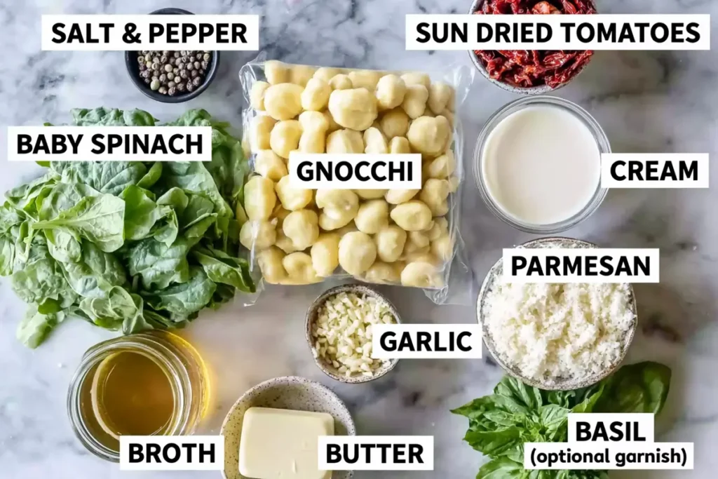 Creamy Tuscan Gnocchi: A One-Pan Dinner Ready in About 20 Minutes 2 Creamy Tuscan Gnocchi ingredients with potato gnocchi, spinach, sun-dried tomatoes, cream, and Parmesan
