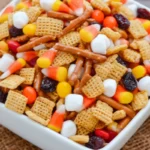 Fall Snack Mix with Chex Cereal, Pretzels, Marshmallows, Candy Corn, and Raisins