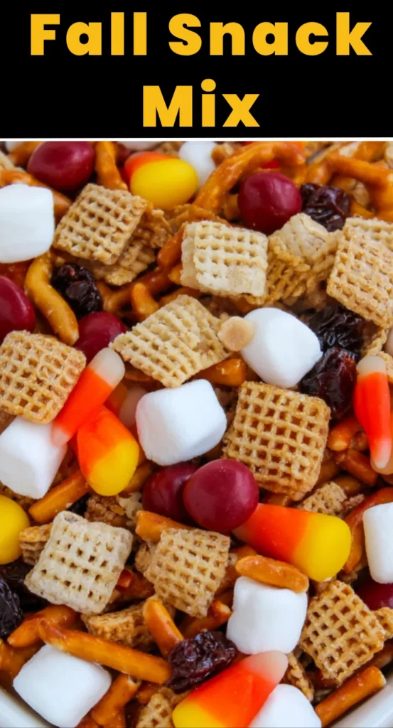 Easy Fall Snack Mix recipe with cereal, pretzels, marshmallows, candy corn, raisins, and chocolate candies