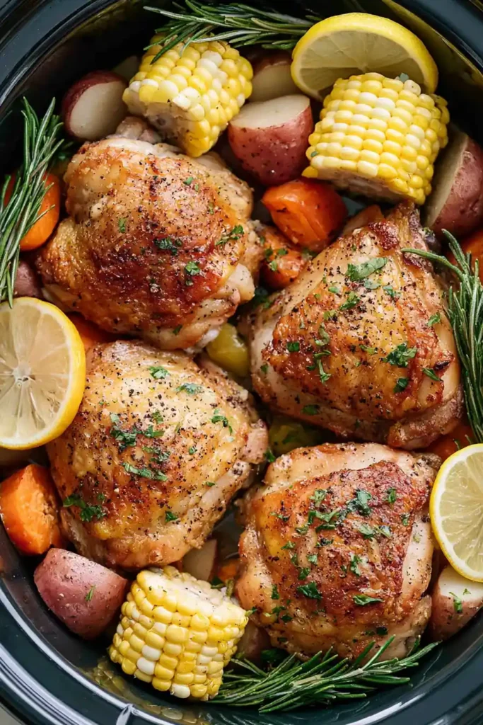 Slow Cooker Chicken Thighs with Vegetables and Lemon-Herb Sauce 5 Tender Slow Cooker Chicken Thighs with potatoes, carrots, corn, lemon, and herbs