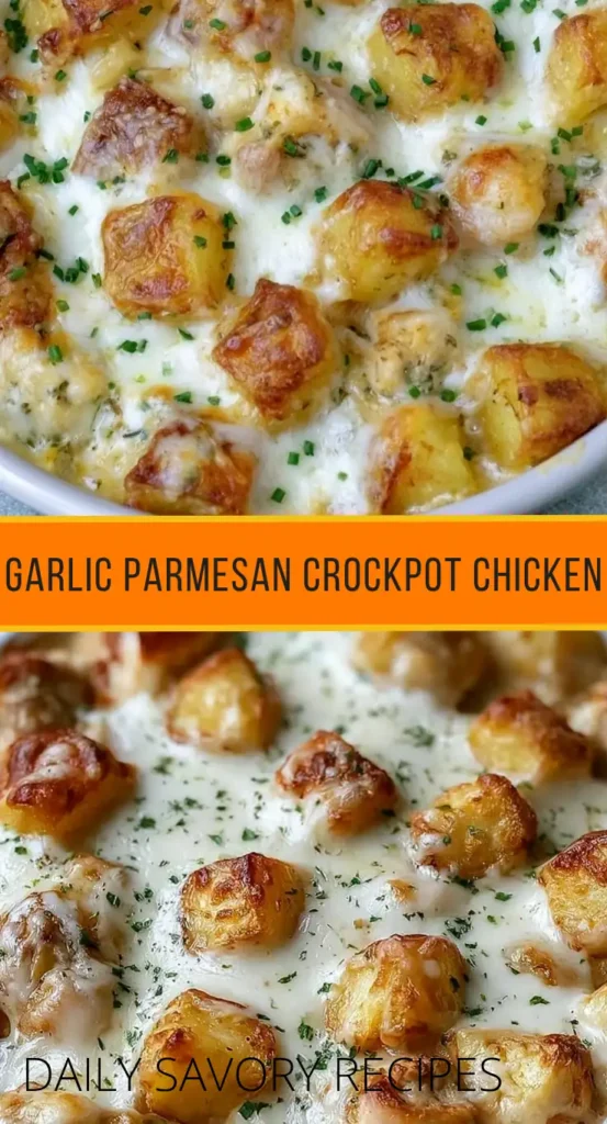 Garlic Parmesan Crockpot Chicken recipe with tender potatoes and savory Parmesan sauce