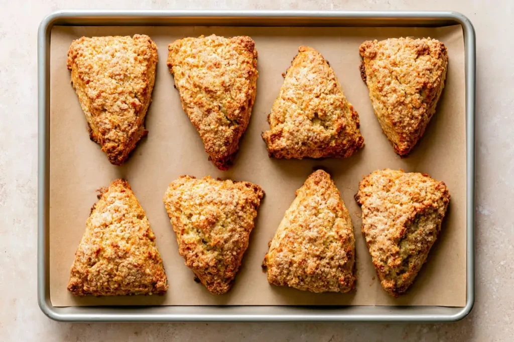 Homemade Chai Scones with a Thick Maple Chai Glaze 6 Golden Homemade Chai Scones Cooling on a Parchment-Lined Baking Sheet