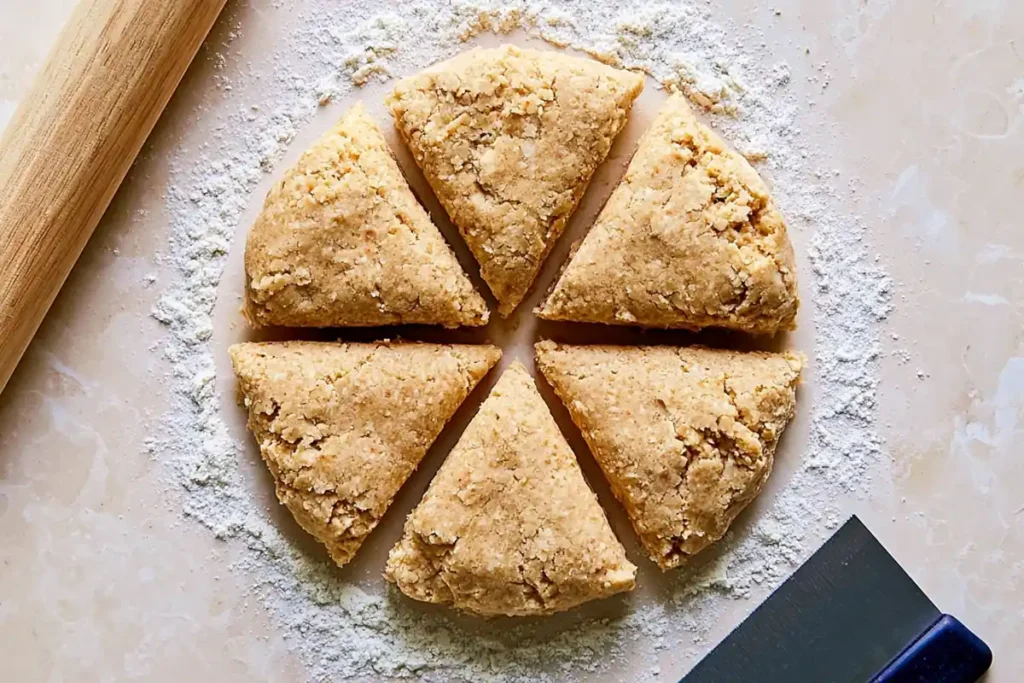 Homemade Chai Scones with a Thick Maple Chai Glaze 5 Homemade Chai Scone Dough Cut into Eight Wedges on a Floured Counter