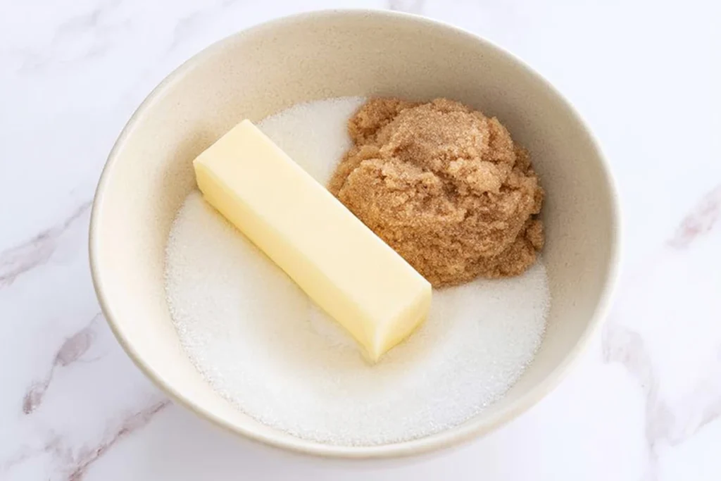 Homemade Dunkaroos with Crisp Graham Cookies and Sprinkle Frosting 3 Homemade Dunkaroos dough ingredients with softened salted butter, brown sugar, and granulated sugar in a mixing bowl