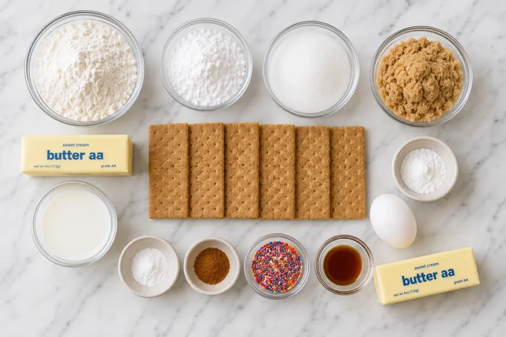 Homemade Dunkaroos with Crisp Graham Cookies and Sprinkle Frosting 2 Homemade Dunkaroos ingredients with graham crackers, butter, sugars, vanilla, cinnamon, milk, and rainbow sprinkles