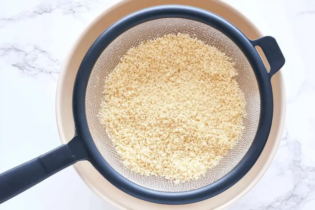 Homemade Dunkaroos with Crisp Graham Cookies and Sprinkle Frosting 6 Graham cracker flour being sifted through a fine-mesh strainer for Homemade Dunkaroos