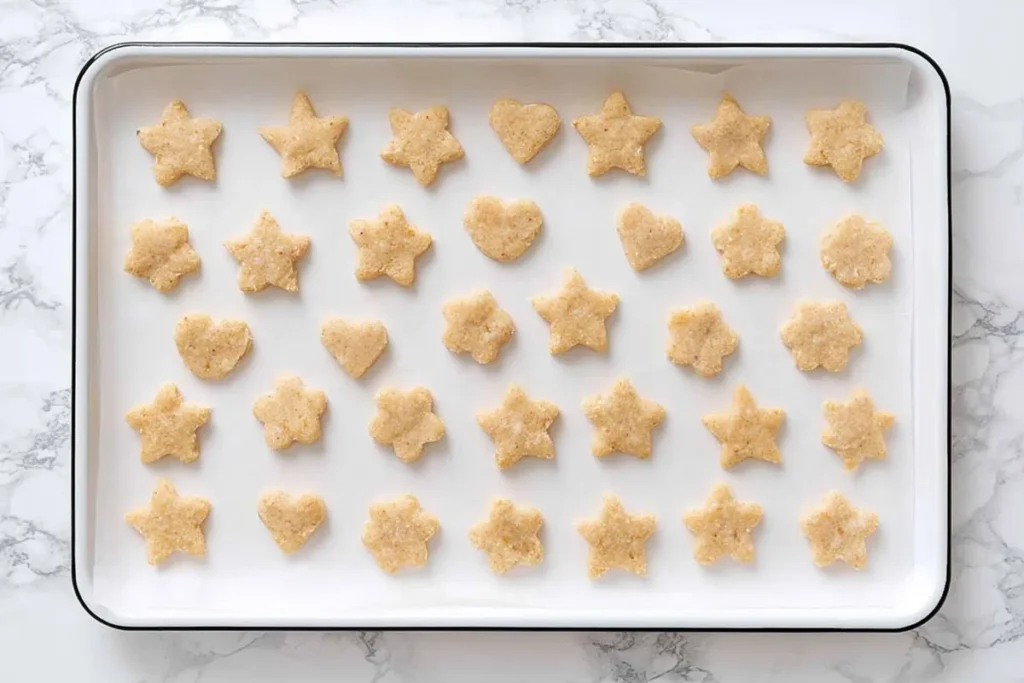 Homemade Dunkaroos with Crisp Graham Cookies and Sprinkle Frosting 11 Unbaked Homemade Dunkaroos mini cookies arranged on a parchment-lined baking sheet