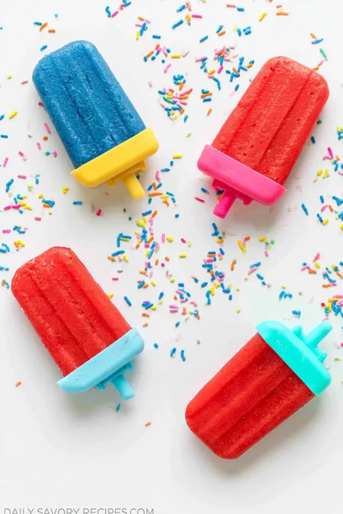 Easy Jell-O Popsicles That Hold Their Shape Longer 8 Red and blue Jell-O Popsicles with assorted colorful reusable mold handles