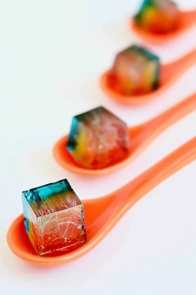 Jello Jigglers: A Firm, Colorful Finger Snack for Parties 2 Colorful Jello Jigglers served in orange spoons with simple kitchen tools