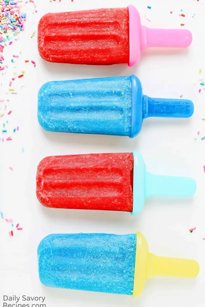 Easy Jell-O Popsicles That Hold Their Shape Longer 2 Red and blue Jell-O Popsicles arranged with colorful sprinkles