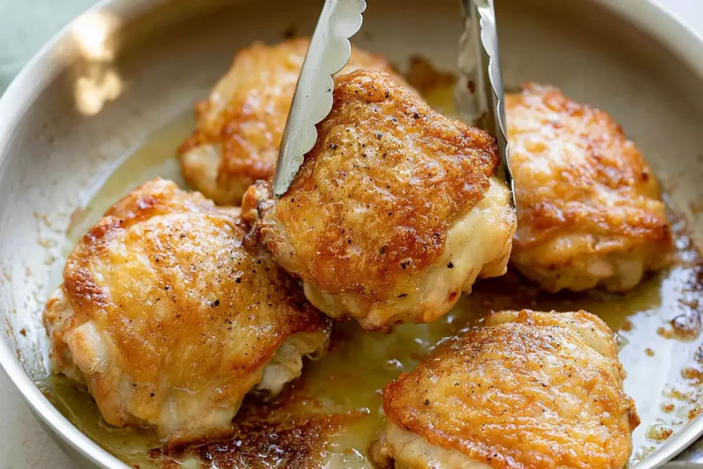 Slow Cooker Chicken Thighs with Vegetables and Lemon-Herb Sauce 2 Golden seared Slow Cooker Chicken Thighs in a stainless-steel skillet