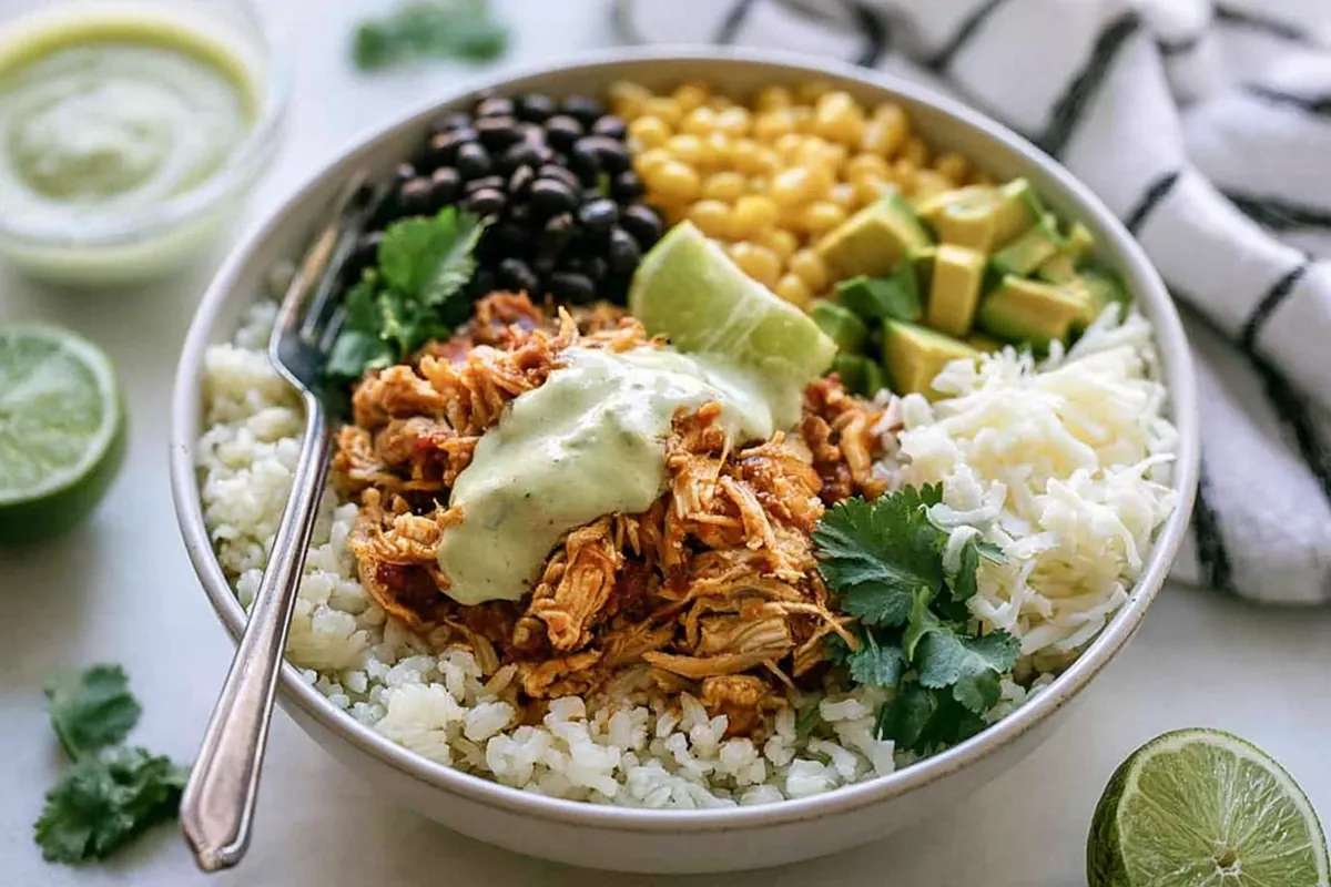 Slow Cooker Chicken Burrito Bowl for an Easy Family Dinner 1 Chef Taha Ayad's Recipe Slow Cooker Chicken Burrito Bowl with rice, shredded chicken, black beans, corn, avocado, cilantro, and lime