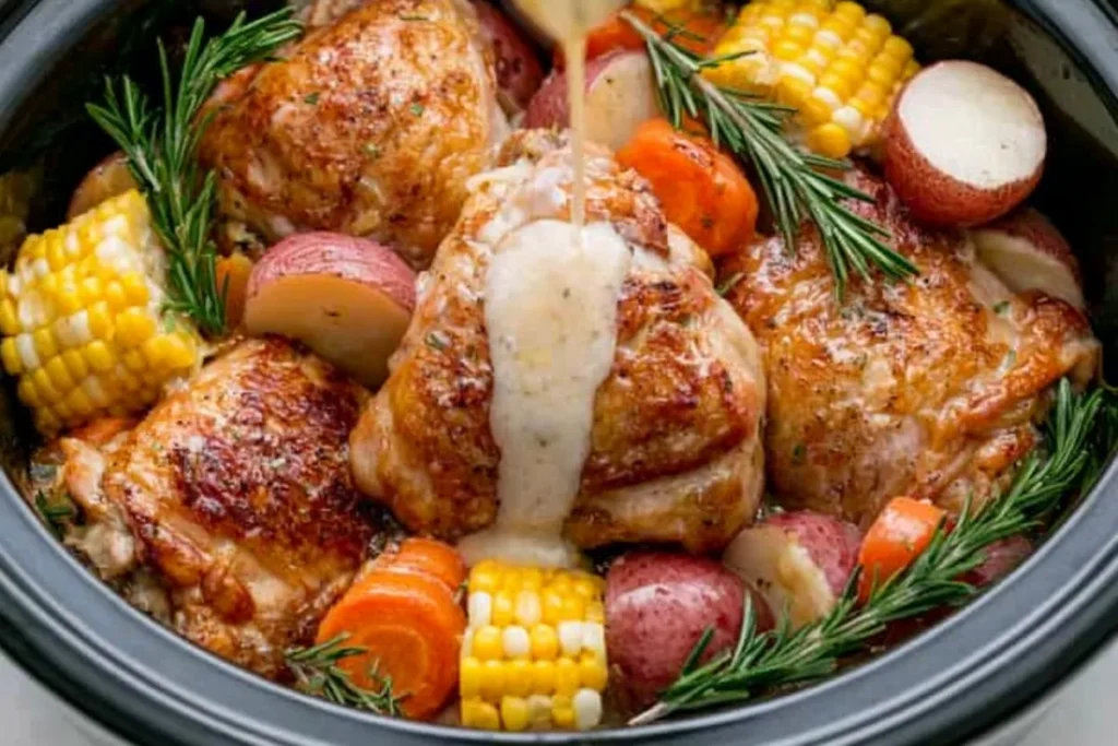 Slow Cooker Chicken Thighs with Vegetables and Lemon-Herb Sauce 4 Slow Cooker Chicken Thighs with lemon-herb sauce added over vegetables