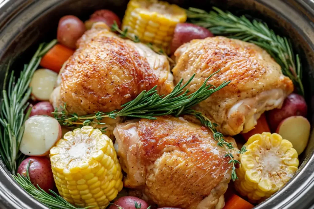 Slow Cooker Chicken Thighs with Vegetables and Lemon-Herb Sauce 3 Slow Cooker Chicken Thighs layered over potatoes, carrots, corn, onions, and herbs