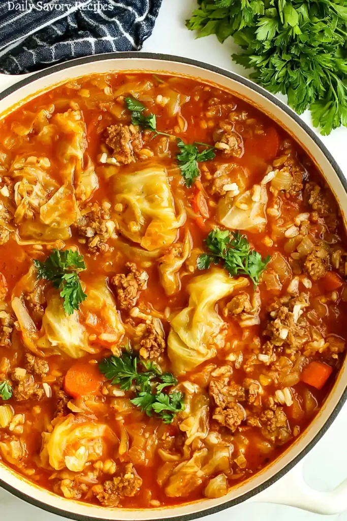 Cabbage Roll Soup: Hearty One-Pot Comfort Food 3 Stovetop Cabbage Roll Soup Simmered with Ground Beef, Cabbage, Carrots, and Rice in a Dutch Oven