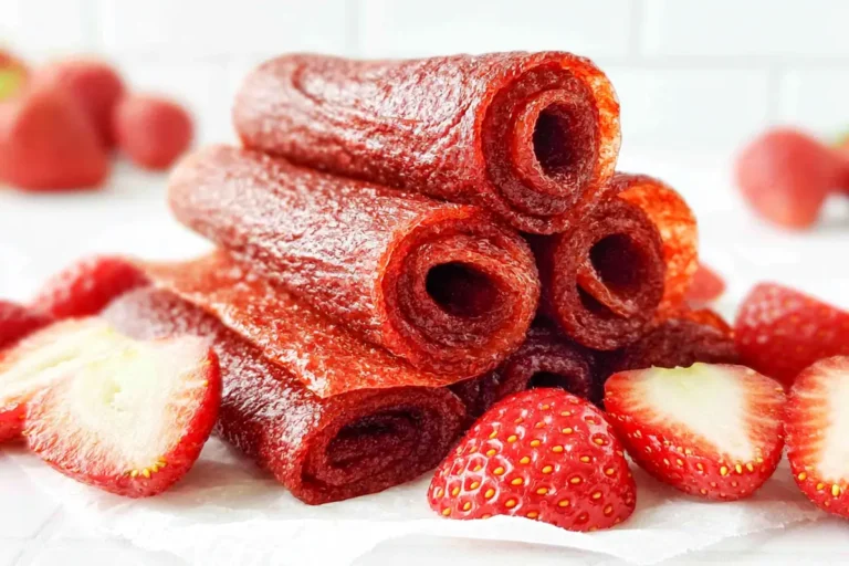 Strawberry Fruit Roll-Ups with Just 3 Simple Ingredients 6 Chef Taha Ayad's Recipe Strawberry Fruit Roll-Ups stacked with fresh strawberries