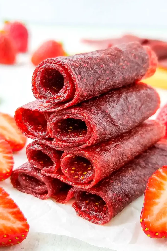 Strawberry Fruit Roll-Ups with Just 3 Simple Ingredients 9 Three-ingredient Strawberry Fruit Roll-Ups served with fresh strawberries