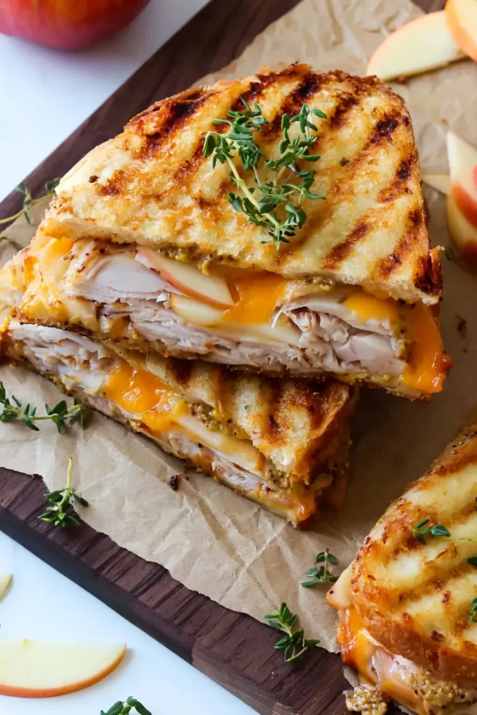 Turkey Apple Cheddar Panini grilled until the French bread is crisp and golden