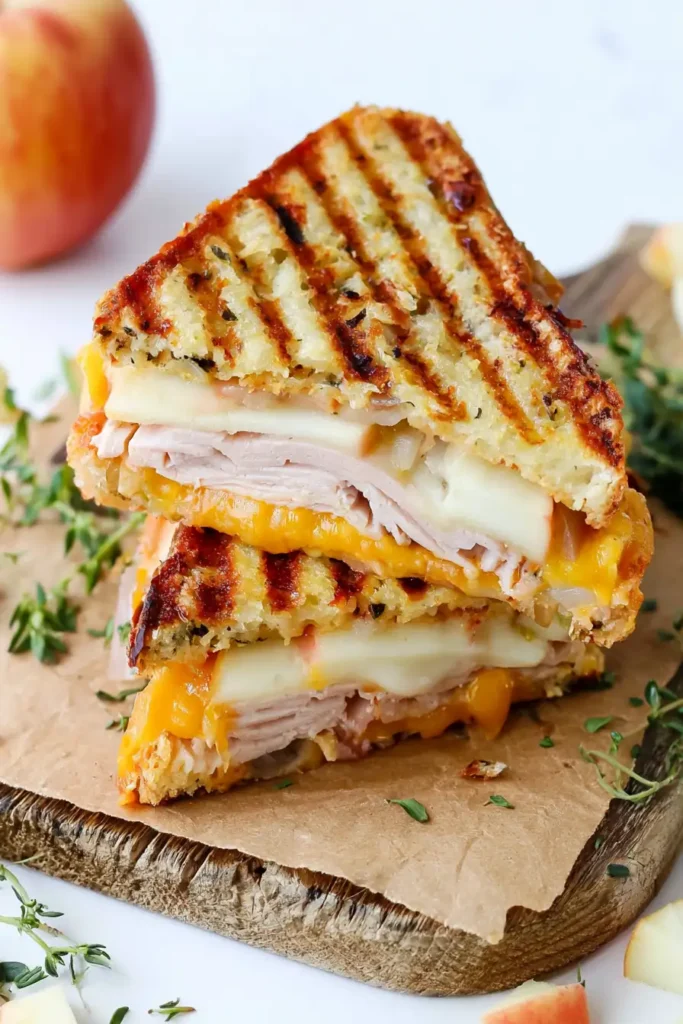 Layered Turkey Apple Cheddar Panini with turkey, thin apple slices, melted sharp cheddar, and honey mustard
