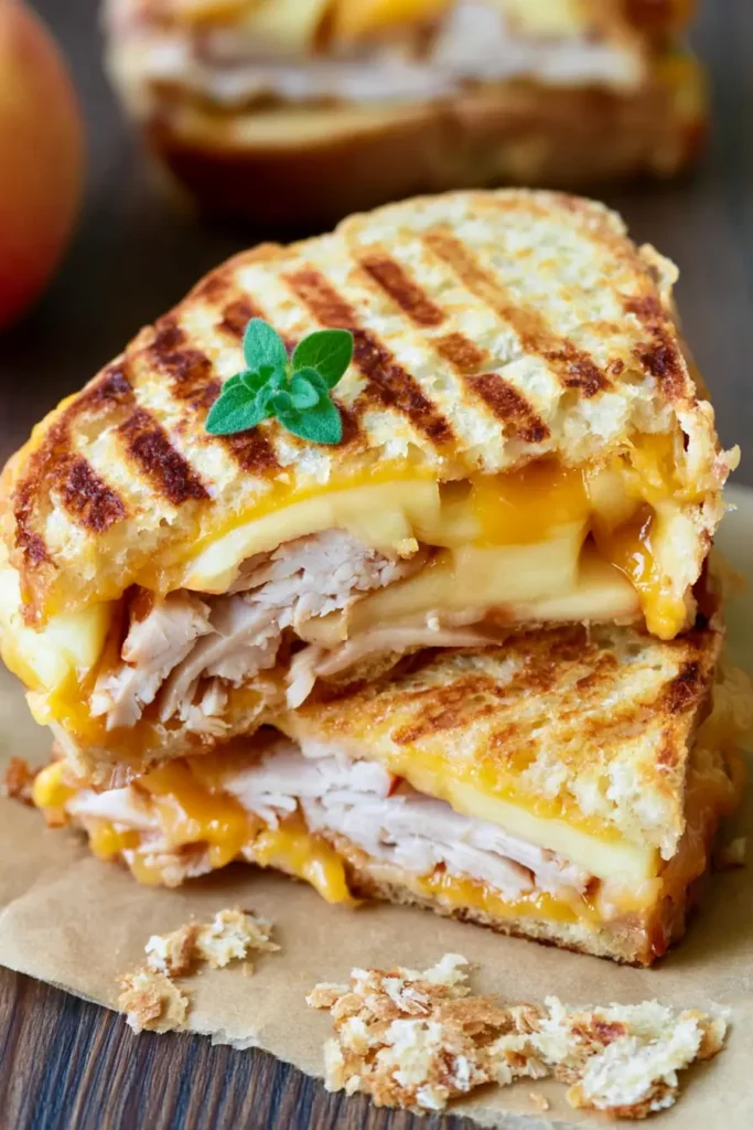 Golden Turkey Apple Cheddar Panini with melted cheese and crisp apple slices after grilling