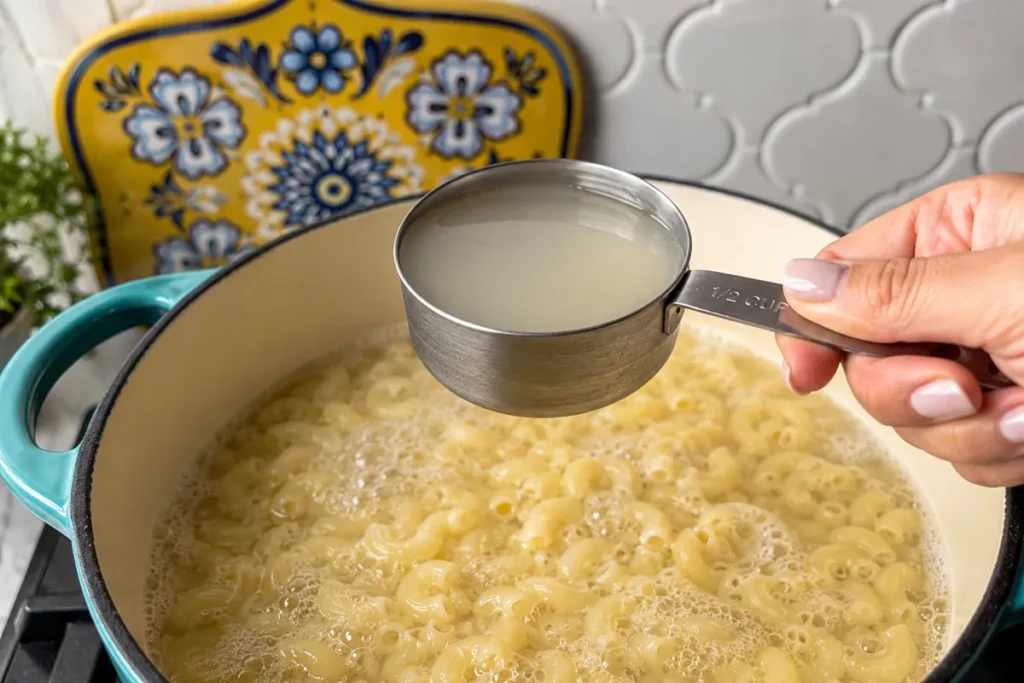 Veggie Mac & Cheese with a Creamy Roasted Vegetable Sauce 4 Elbow macaroni cooking with reserved pasta water for Veggie Mac & Cheese