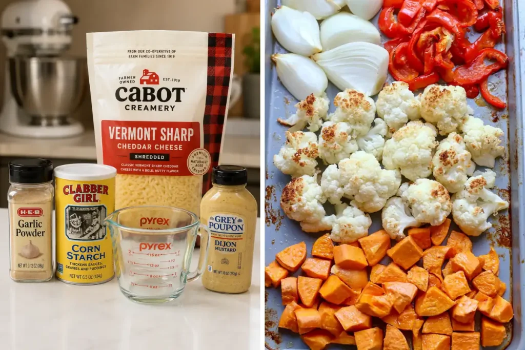 Veggie Mac & Cheese with a Creamy Roasted Vegetable Sauce 2 Milk, cheddar, Dijon mustard, garlic powder, and cornstarch for Veggie Mac & Cheese sauce