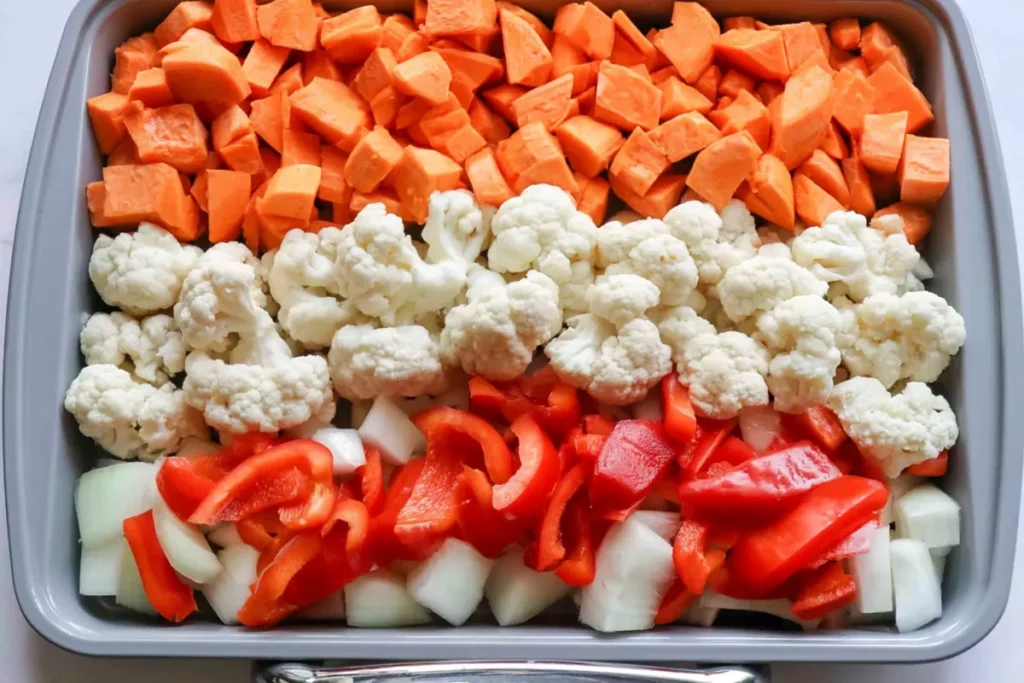 Veggie Mac & Cheese with a Creamy Roasted Vegetable Sauce 3 Seasoned vegetables on a baking sheet for roasted Veggie Mac & Cheese sauce