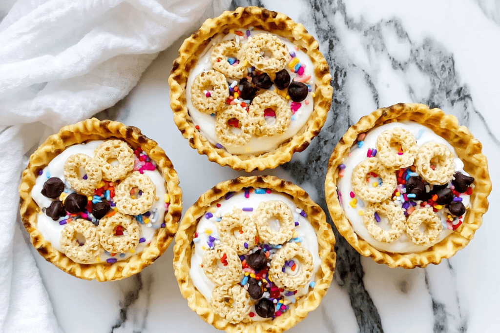 Yogurt Sundae Bowls with Strawberries and Crunchy Toppings 6 Yogurt Sundae Bowls with Measured Chocolate Chips, Cheerios, and Rainbow Sprinkles
