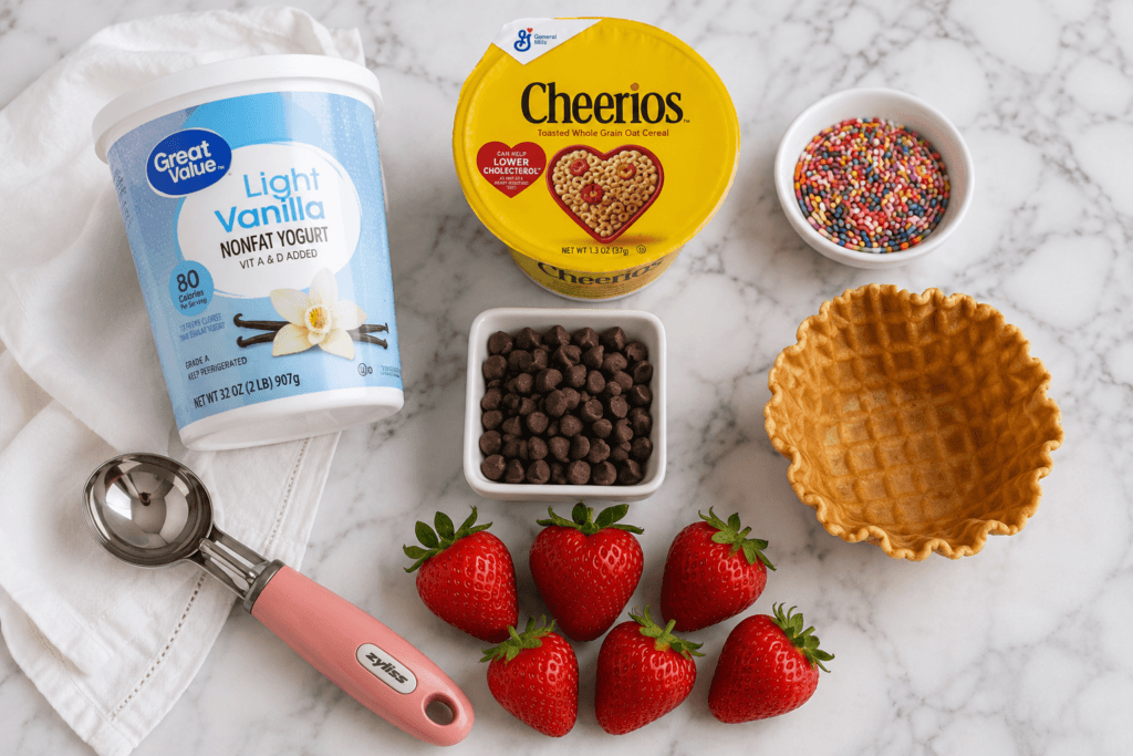 Yogurt Sundae Bowls with Strawberries and Crunchy Toppings 3 Ingredients for Yogurt Sundae Bowls with Waffle Bowls, Strawberries, Cheerios, Chocolate Chips, and Sprinkles
