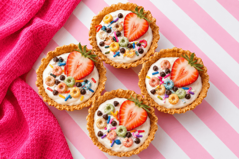 Yogurt Sundae Bowls with Strawberries and Crunchy Toppings 3 Chef Taha Ayad's Recipe Yogurt Sundae Bowls with Strawberries, Cheerios, Chocolate Chips, and Rainbow Sprinkles